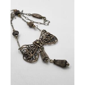 Vintage Art Nouveau Style Bow Necklace Filigree Tassel Marcasite